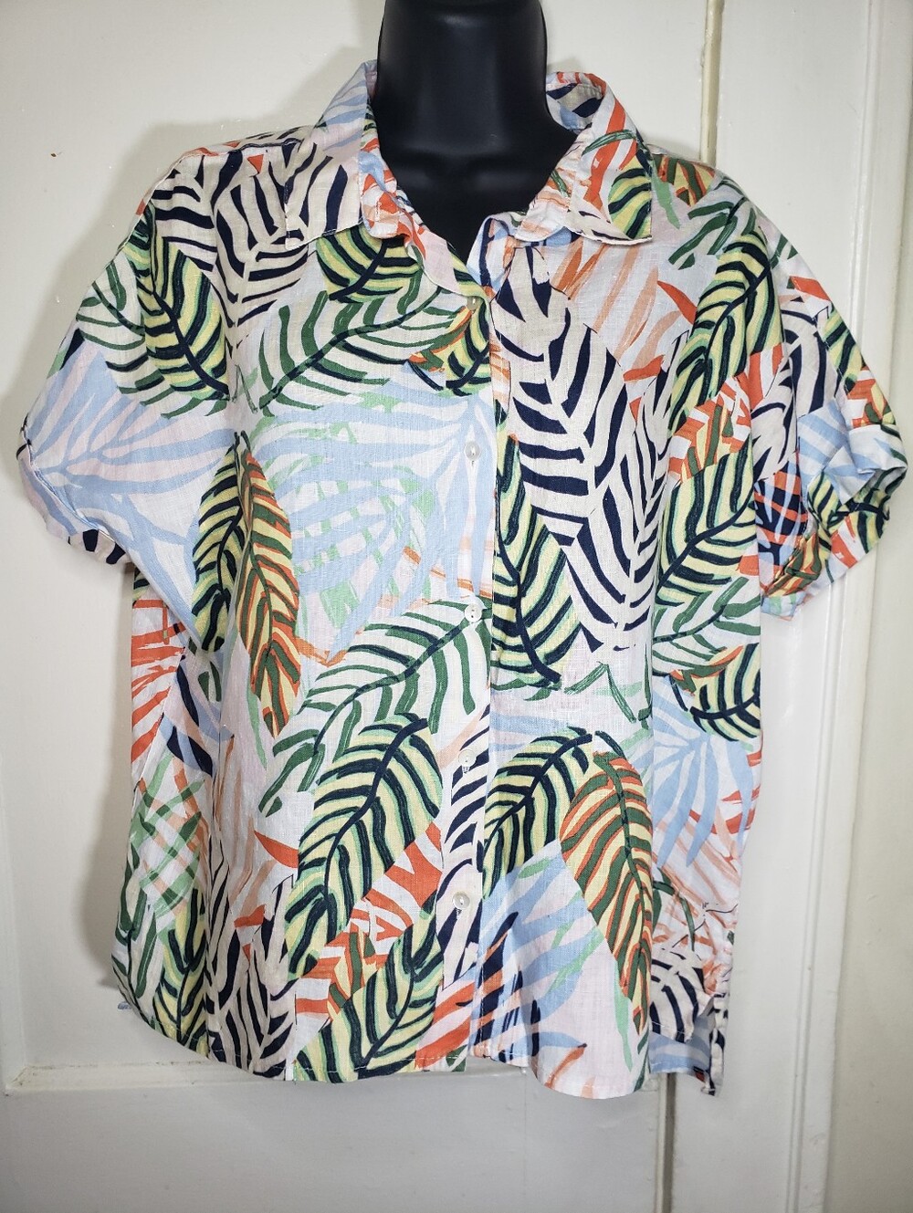 Tahari Linen Tropical Print Button Up Shirt Large SS Multi Color Palm Hawaiian